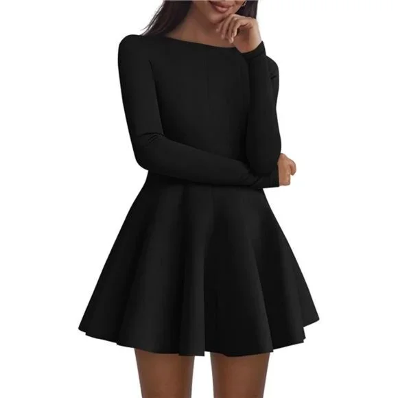 Birthday Cute Long Sleeve Dresses Women Elegant A Line Long Sleeve Mini  Dress Black